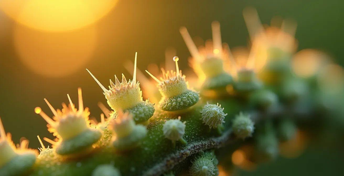 Vue macro de trichomes cristallisés sur une surface végétale avec jeu de lumière