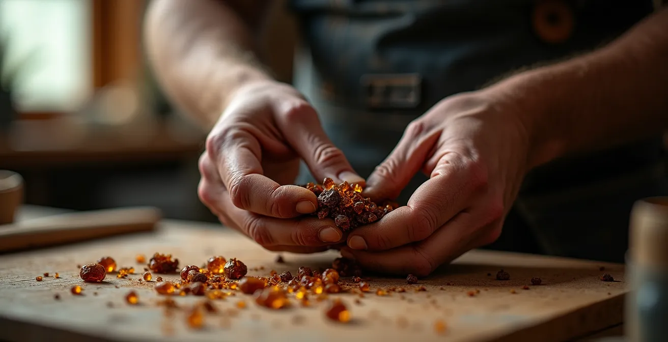 Mains expertes manipulant délicatement une résine avec lumière naturelle