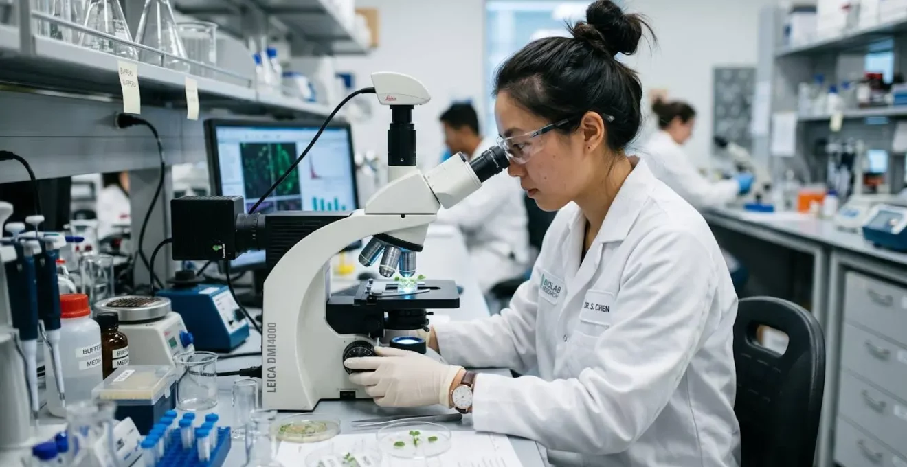 Technicien de laboratoire examinant un échantillon de plante CBD sous lumière froide, équipements de mesure visibles en arrière-plan