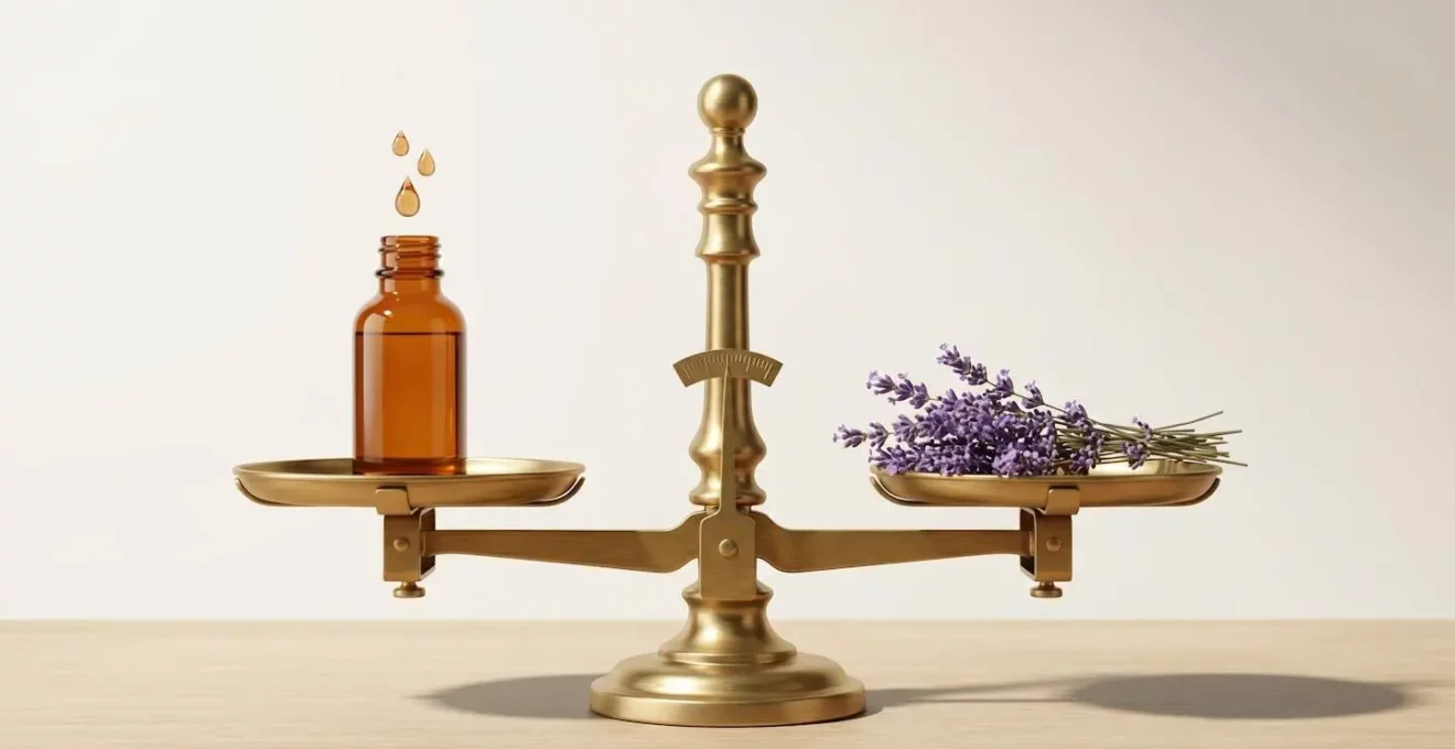 Balance de précision ancienne en équilibre avec flacon d'huile essentielle et gouttes d'un côté, lavande séchée de l'autre