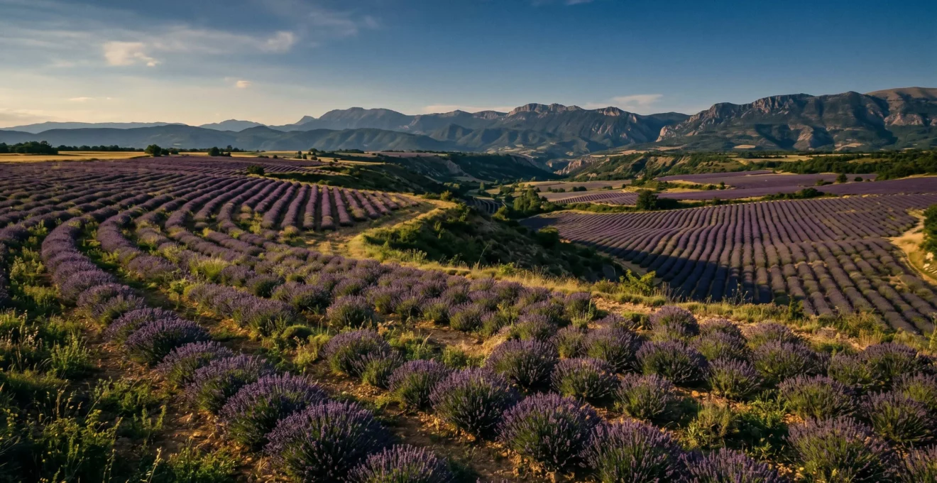 Paysage de Haute-Provence montrant champ de lavande vraie en altitude au premier plan et culture de lavandin en vallée à l'arrière-plan