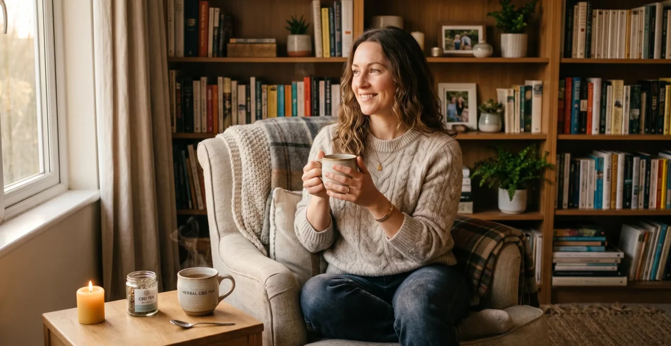 Femme en tenue décontractée tenant une tasse d'infusion au CBD dans un intérieur chaleureux, lumière tamisée de soirée