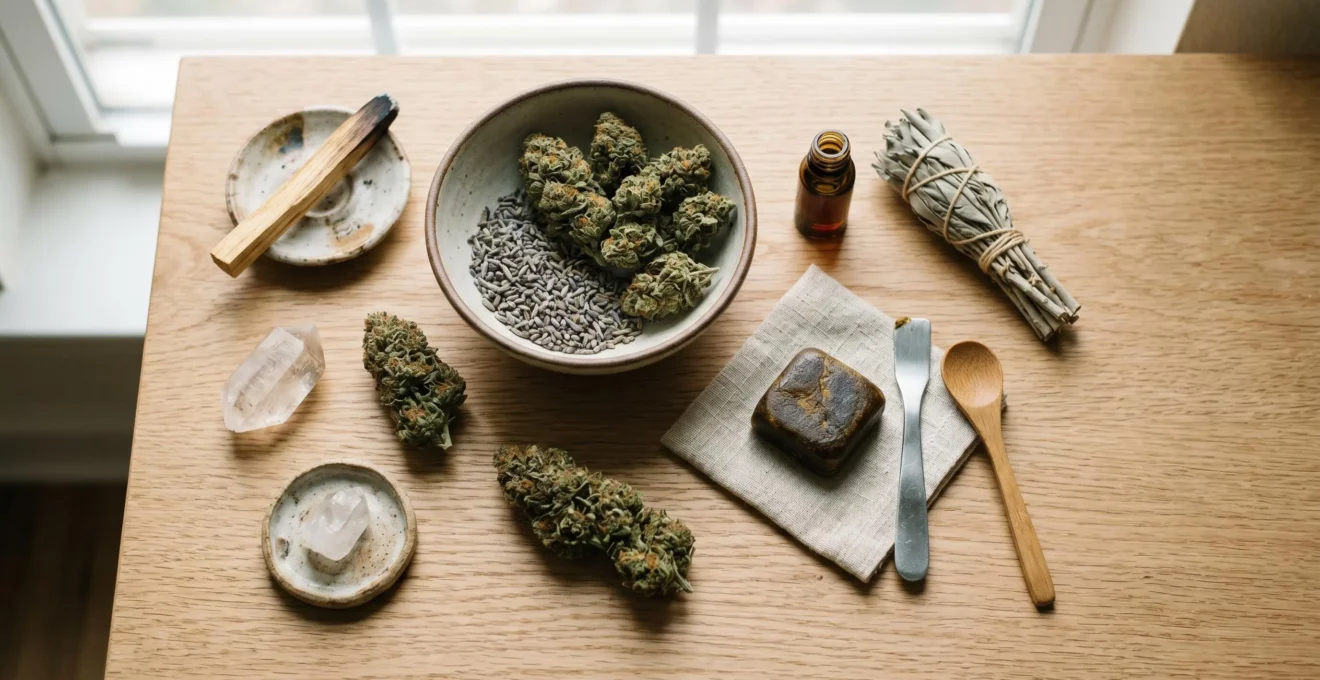 Sélection de produits CBD premium — fleurs et résines — disposés sur une surface naturelle en bois clair, lumière douce naturelle
