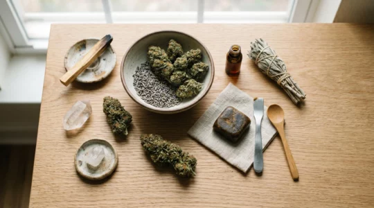 Sélection de produits CBD premium — fleurs et résines — disposés sur une surface naturelle en bois clair, lumière douce naturelle