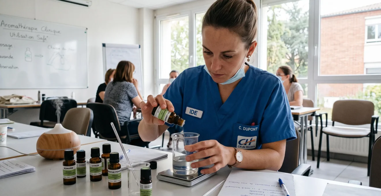 Une infirmière manipule un flacon d'huile essentielle lors d'une formation en milieu hospitalier.