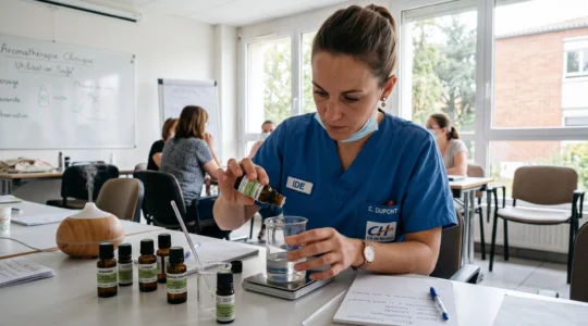 Une infirmière manipule un flacon d'huile essentielle lors d'une formation en milieu hospitalier.